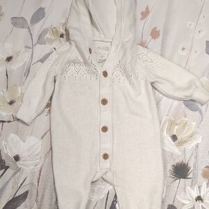 Little Pima Cream Hooded Knit One-Piece with Button Front